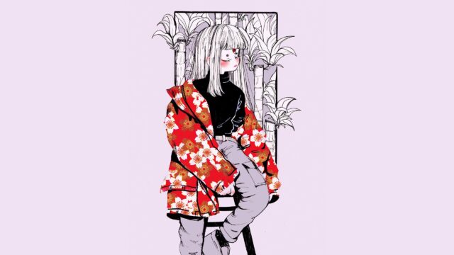 Anime Girl Wearing Traditional Floral Haori Jacket Aesthetic Desktop Wallpaper