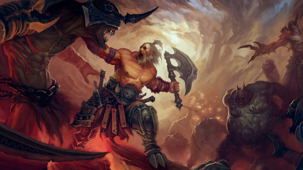 Epic Fantasy Barbarian Warrior Fighting Demons 4K Desktop Wallpaper