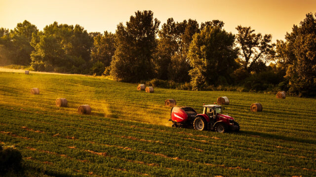 Red Tractor Harvesting Hay Bales in Golden Sunset Field Desktop Wallpaper