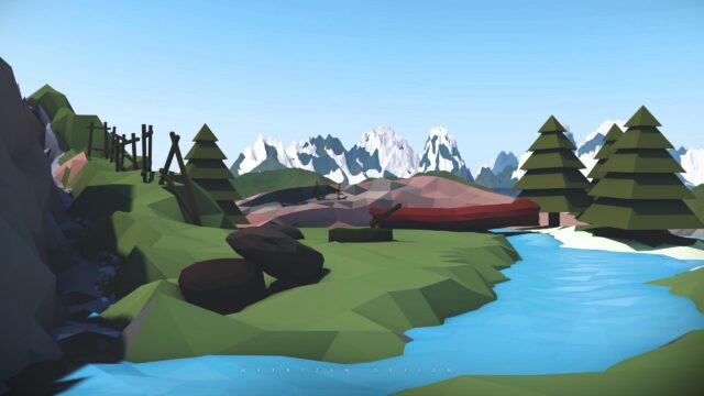 Low Poly Mountain River Landscape Nature 4K Desktop Wallpaper