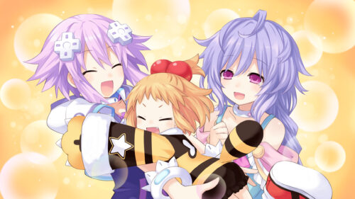 Neptune and Plutia Embracing Peashy Hyperdimension Neptunia Desktop Wallpaper