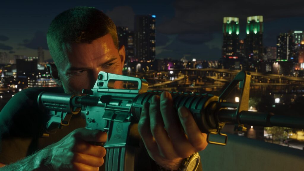 Serious Soldier Aiming Rifle at Night Cityscape 4K Desktop Wallpaper