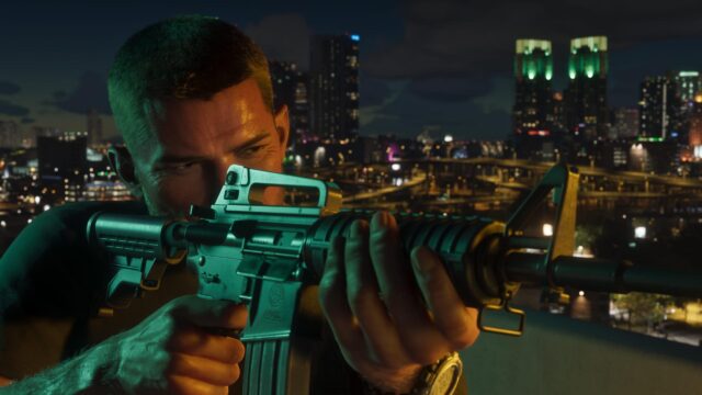 Serious Soldier Aiming Rifle at Night Cityscape 4K Desktop Wallpaper
