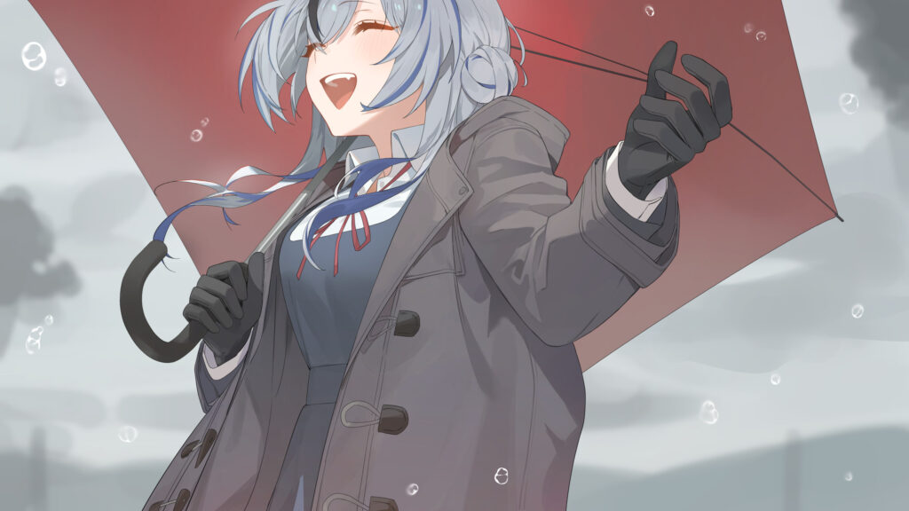 Anime Girl Laughing with Red Umbrella in Rain 4K Desktop Wallpaper