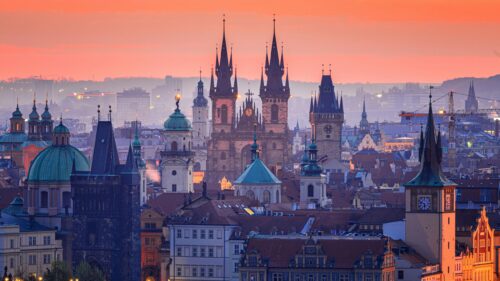 Breathtaking Sunset View of Prague Old Town Architecture Desktop Wallpaper