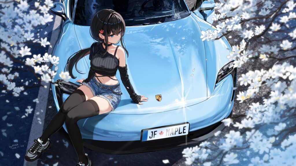 Anime Girl Sitting on a Porsche Taycan Under Cherry Blossoms Desktop Wallpaper