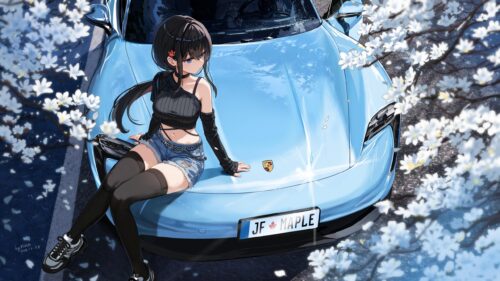 Anime Girl Sitting on a Porsche Taycan Under Cherry Blossoms Desktop Wallpaper