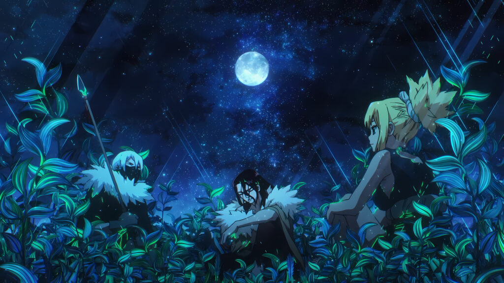 Dr. Stone Characters Under a Starlit Night Sky Anime 4K Desktop Wallpaper