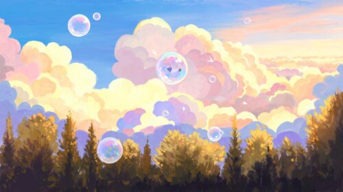 Anime Girl Floating Inside a Bubble Over a Sunset Cloudscape Desktop Wallpaper