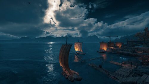 Stunning Night Harbor with Wooden Sailboats 4K PC Wallpaper