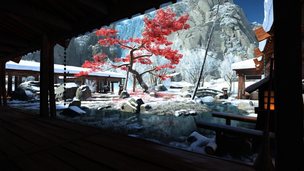 Stunning Japanese Zen Garden with Red Maple and Waterfall 4K Desktop Wallpaper