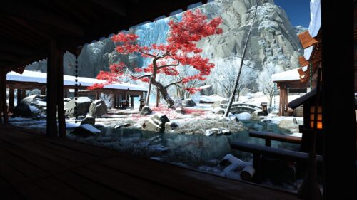 Stunning Japanese Zen Garden with Red Maple and Waterfall 4K Desktop Wallpaper