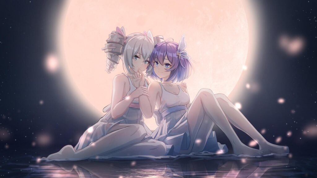 Anime Girls Under Full Moon Serene Moonlight Art Desktop Wallpaper