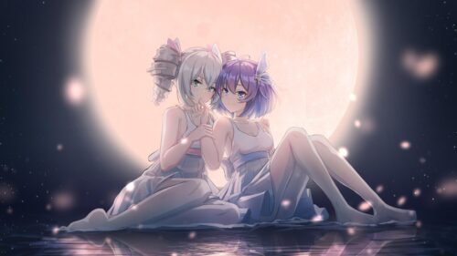 Anime Girls Under Full Moon Serene Moonlight Art Desktop Wallpaper