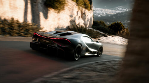 Bugatti Tourbillon Hypercar Driving on Coastal Road 4K Desktop Wallpaper