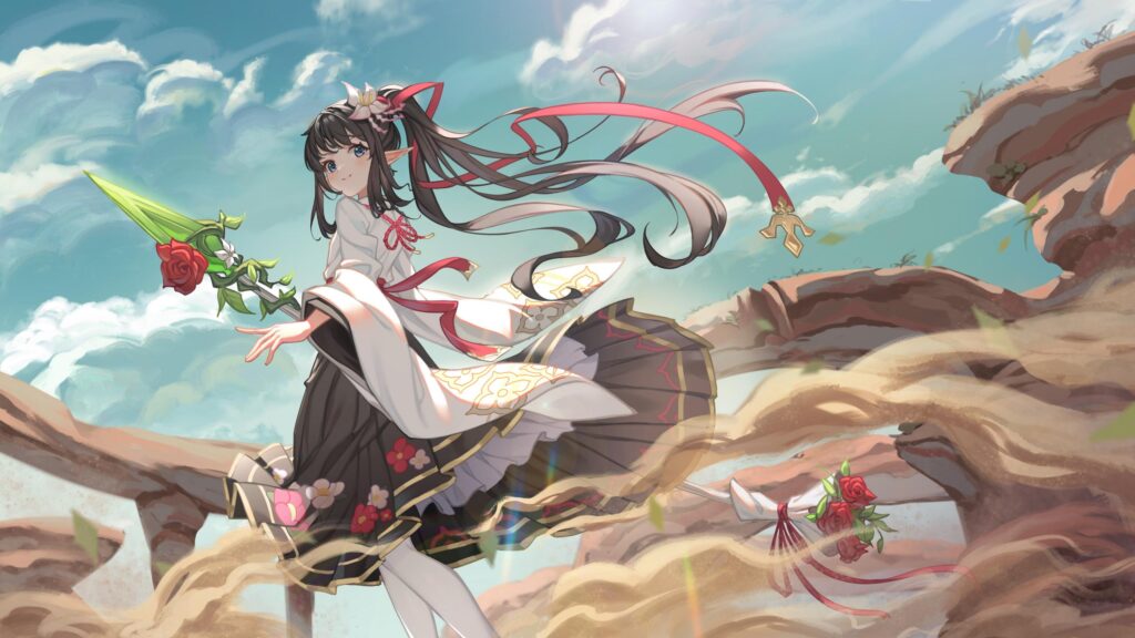 Anime Girl Elf Mage with Rose Spear Fantasy 4K Desktop Wallpaper