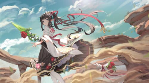Anime Girl Elf Mage with Rose Spear Fantasy 4K Desktop Wallpaper