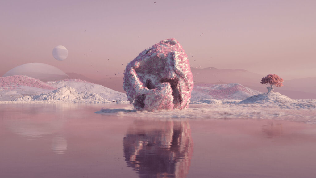 Surreal Pink Alien Landscape with Floating Orb and Distant Moons 4K Wallpaper