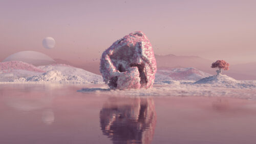 Surreal Pink Alien Landscape with Floating Orb and Distant Moons 4K Wallpaper