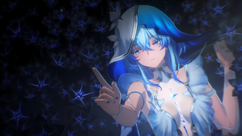 Anime Girl with Blue Hair in a Dark Flower Field Desktop Wallpaper