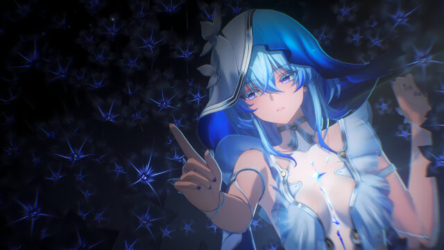 Anime Girl with Blue Hair in a Dark Flower Field Desktop Wallpaper