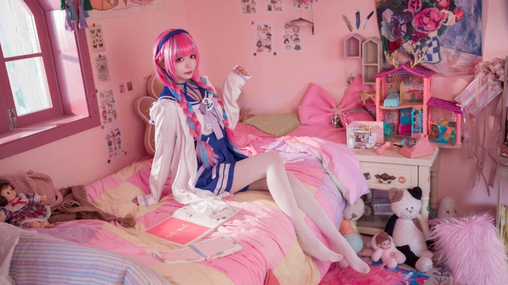 Anime Cosplay Girl in Pink Bedroom Aesthetic Desktop Wallpaper