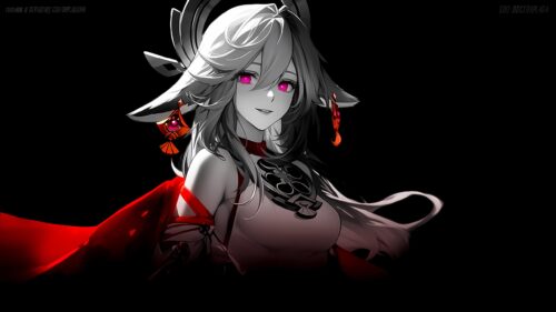 Stunning Anime Girl with Glowing Pink Eyes and Red Accents 4K Desktop Wallpaper
