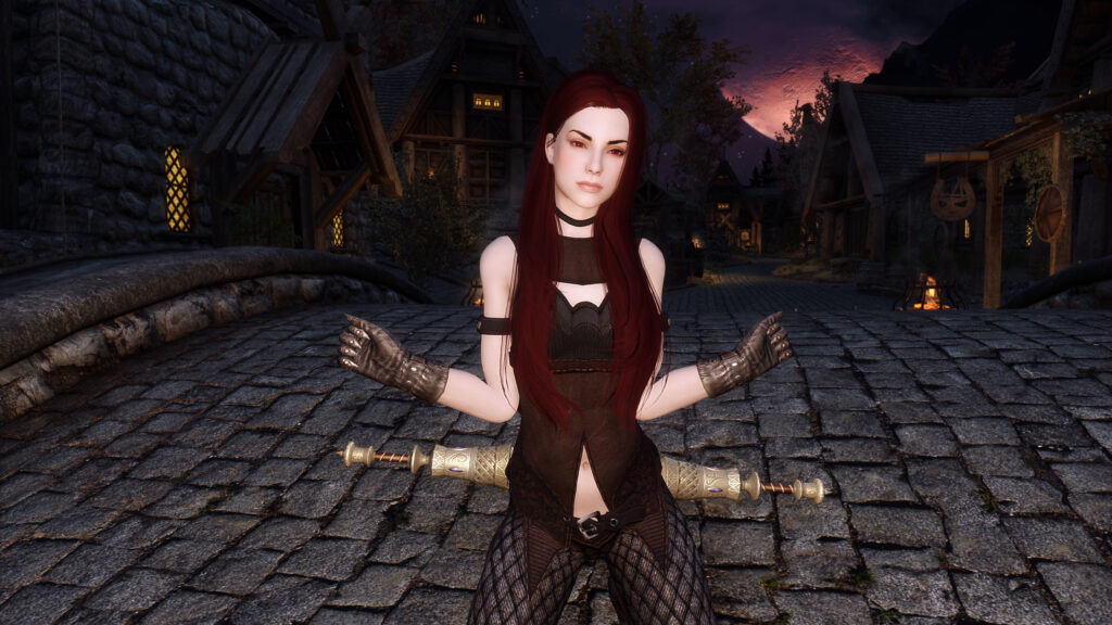 Stunning Fantasy Vampire Archer Woman in Skyrim Village 4K Wallpaper