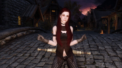 Stunning Fantasy Vampire Archer Woman in Skyrim Village 4K Wallpaper