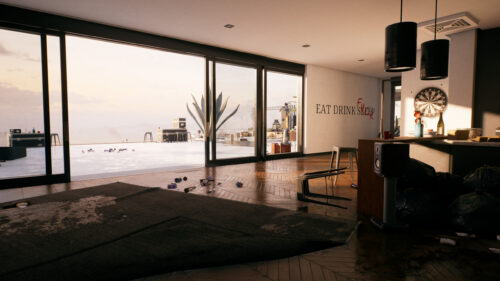 Modern Messy Luxury Penthouse Interior With City Skyline View 4K Wallpaper