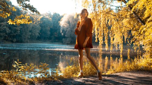 Stunning Woman in Autumn Forest by the Lake Desktop Wallpaper