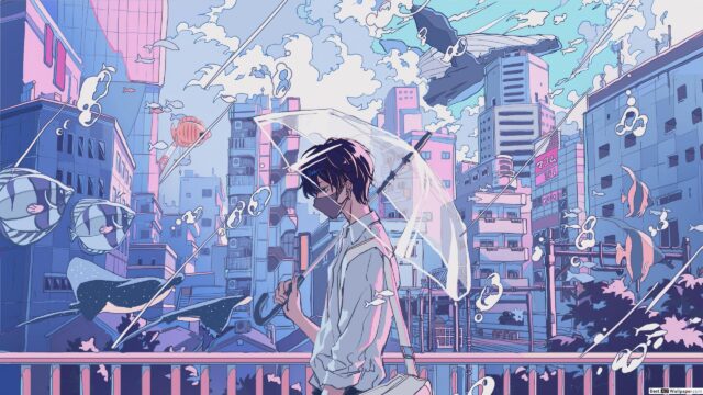 Anime Boy with Umbrella in Surreal Underwater Cityscape 4K Desktop Wallpaper