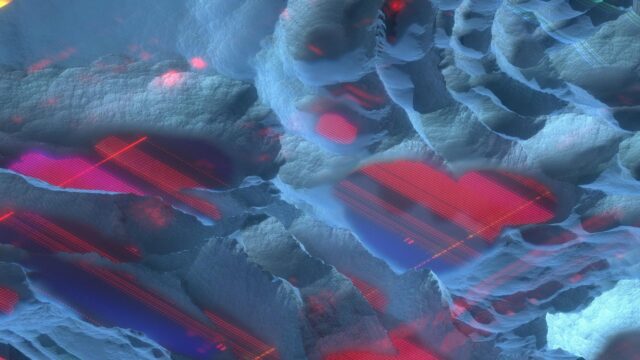 Abstract Digital Heart Landscape with Glowing Red Pixels 4K Desktop Wallpaper