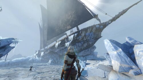 Ciri Facing the Frozen Naglfar Ship in The Witcher 3 Desktop Wallpaper