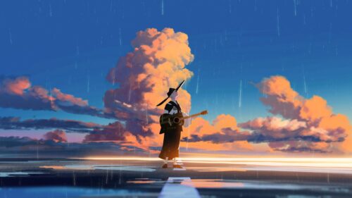 Anime Girl Playing Guitar Under Dramatic Rain Clouds 4K Desktop Wallpaper