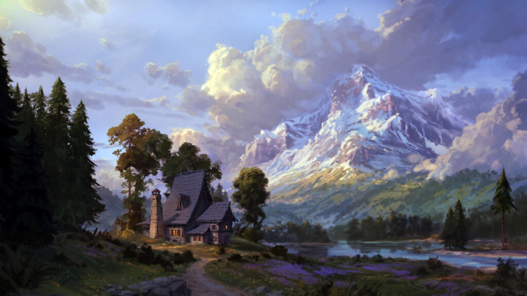 Stunning Fantasy Cottage Near Snowy Mountains 4K Desktop Wallpaper