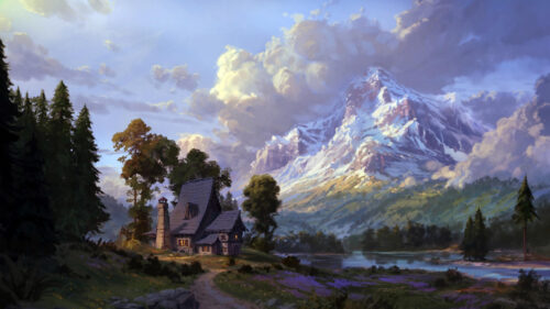 Stunning Fantasy Cottage Near Snowy Mountains 4K Desktop Wallpaper