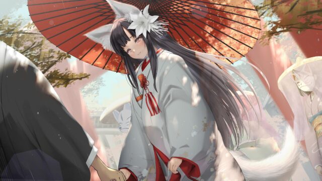 Beautiful Anime Fox Girl Holding Hands Under Red Umbrella 4K Wallpaper
