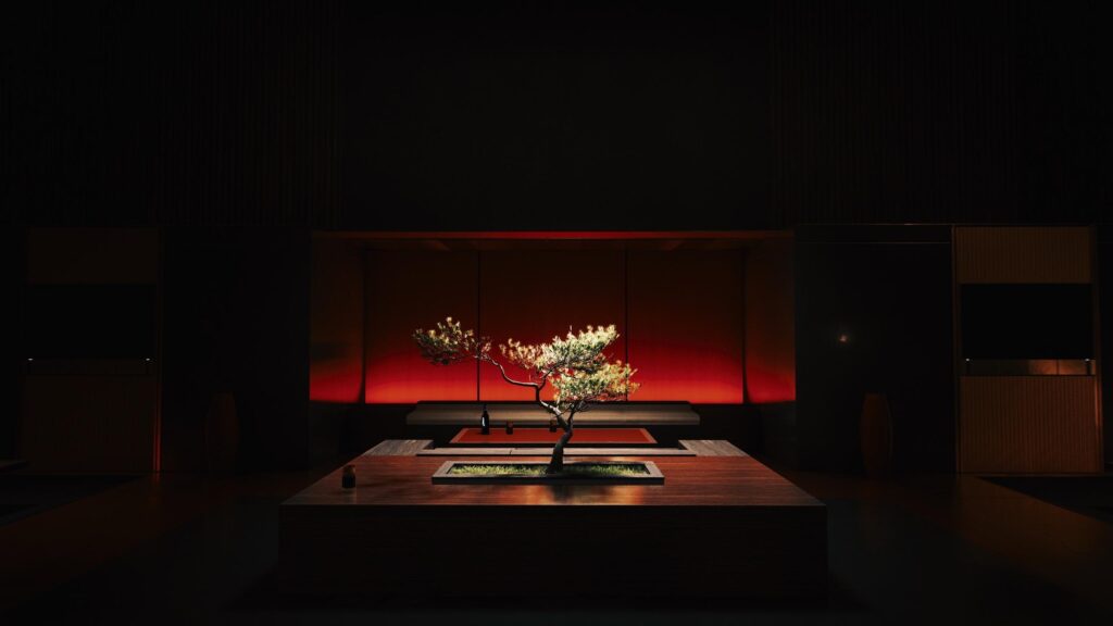 Minimalist Bonsai Tree in Dark Japanese Interior 4K Desktop Wallpaper