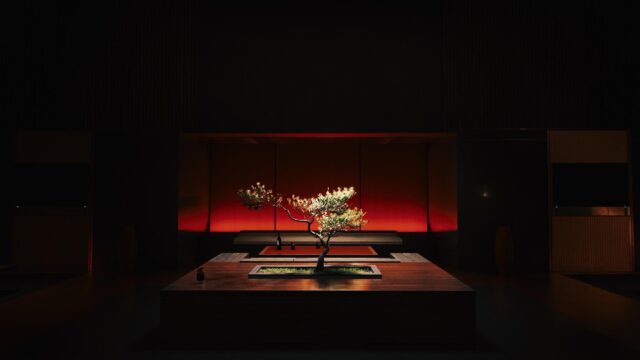 Minimalist Bonsai Tree in Dark Japanese Interior 4K Desktop Wallpaper
