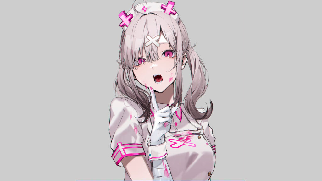 Anime Nurse Girl with Pink Accents and Mysterious Expression Desktop Wallpaper