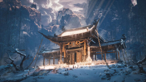 Ancient Chinese Temple in Snowy Mountains 4K Desktop Wallpaper