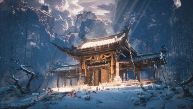 Ancient Chinese Temple in Snowy Mountains 4K Desktop Wallpaper