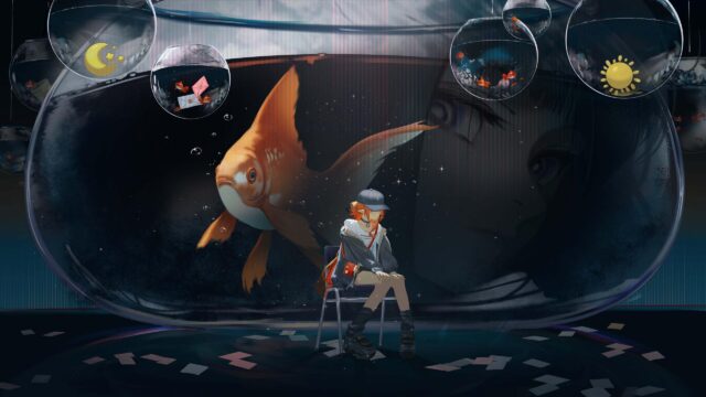 Anime Girl Sitting in Surreal Underwater World with Giant Goldfish 4K Desktop Wallpaper