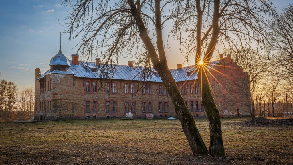 Rustic Brick Castle at Golden Hour Sunset Desktop Wallpaper