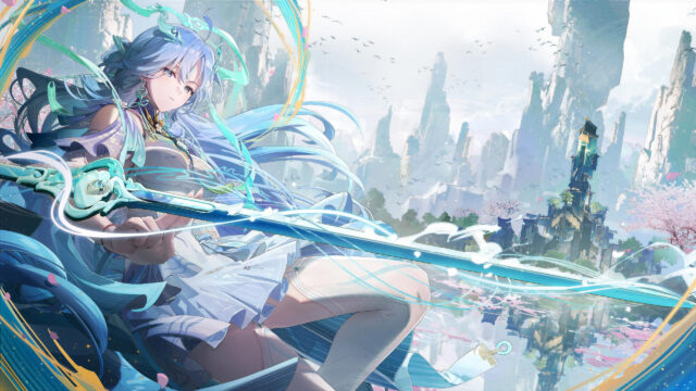 Anime Girl with Blue Sword in Fantasy Mountain Landscape 4K Wallpaper