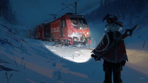 Stunning Anime Style Train in Snowy Winter Landscape 4K Desktop Wallpaper