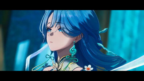 Stunning Anime Girl with Flowing Blue Hair and Ethereal Jewelry 4K Desktop Wallpaper