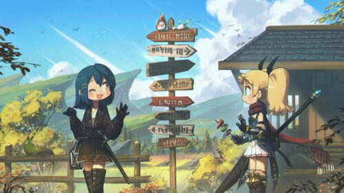 Anime Girls Adventure Near Signpost 4K Wallpaper