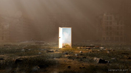 Surreal Doorway to a Floral Paradise in a Post Apocalyptic Wasteland 4K Desktop Wallpaper
